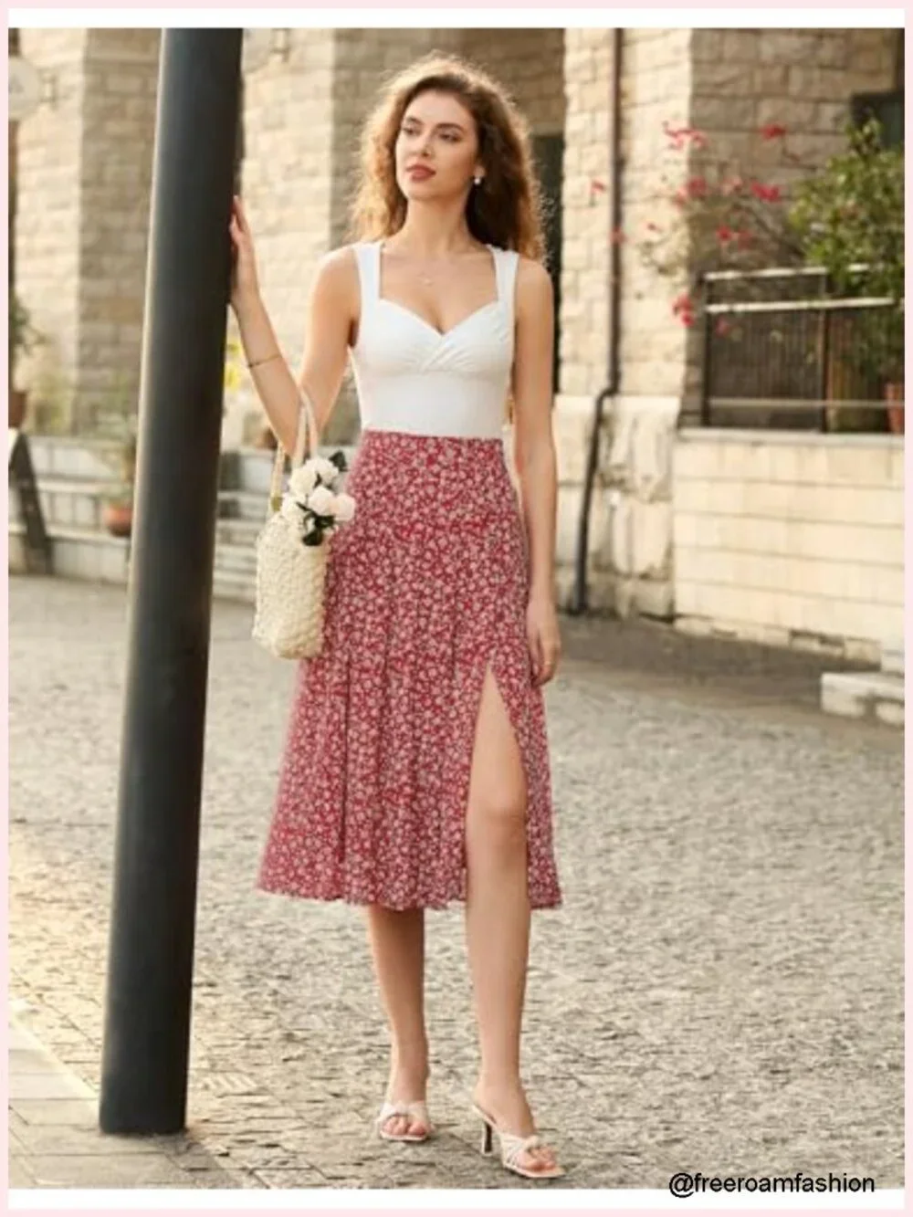 Women's Floral Midi Skirt with Slit High Waist Pleated A-Line Pockets Adjustable